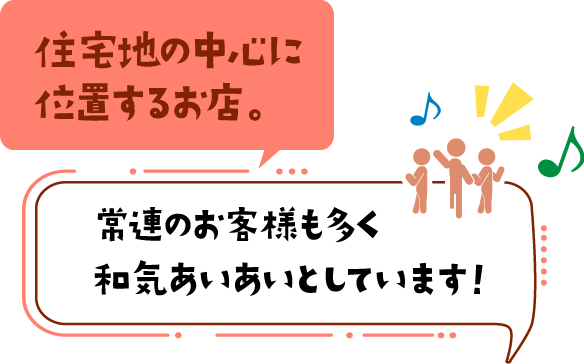 住宅地の中心に位置するお店。常連のお客様も多く和気あいあいとしています！